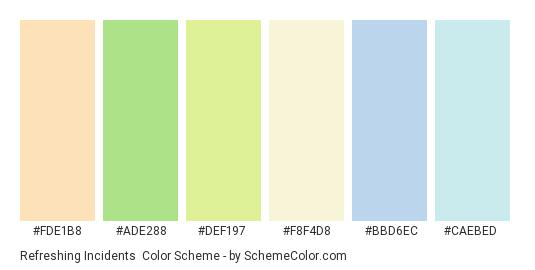 Refreshing Incidents - Color scheme palette thumbnail - #fde1b8 #ade288 #def197 #f8f4d8 #bbd6ec #caebed 