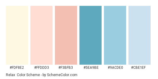 Relax - Color scheme palette thumbnail - #fdf8e2 #ffddd3 #f3bfb3 #5ea9be #9acde0 #cbe1ef 
