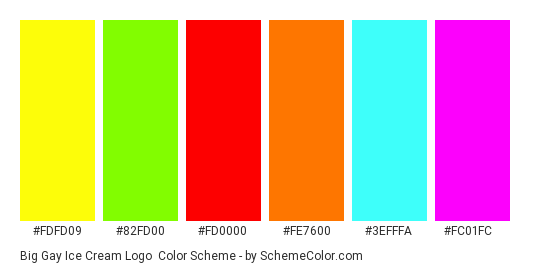 Big Gay Ice Cream Logo - Color scheme palette thumbnail - #fdfd09 #82fd00 #fd0000 #fe7600 #3efffa #fc01fc 
