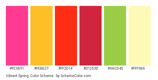 Vibrant Spring - Color scheme palette thumbnail - #fe3b91 #febe27 #ff2d14 #d1253d #9ACD45 #FFF9B6 