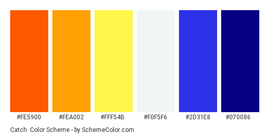 Catch - Color scheme palette thumbnail - #fe5900 #fea002 #fff54b #F0F5F6 #2D31E8 #070086 