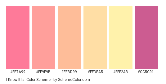 I Know It Is - Color scheme palette thumbnail - #fe7a99 #ff9f9b #febd99 #ffdea5 #fff2ab #cc5c91 
