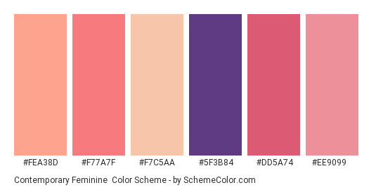 Contemporary Feminine - Color scheme palette thumbnail - #fea38d #f77a7f #f7c5aa #5f3b84 #dd5a74 #ee9099 