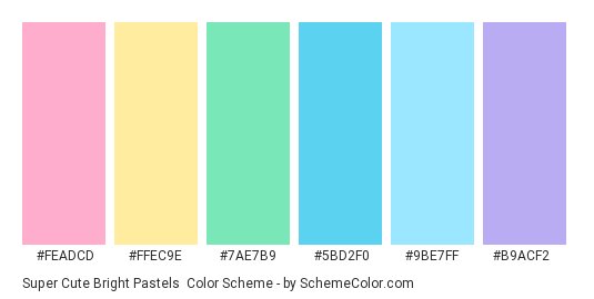 Super Cute Bright Pastels - Color scheme palette thumbnail - #feadcd #ffec9e #7ae7b9 #5bd2f0 #9be7ff #b9acf2 