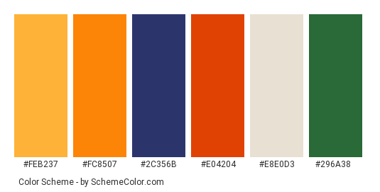 Bird of Paradise - Color scheme palette thumbnail - #feb237 #fc8507 #2c356b #e04204 #e8e0d3 #296a38 