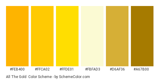 All the Gold - Color scheme palette thumbnail - #feb400 #ffca02 #ffde01 #fbfad3 #d6af36 #a67b00 