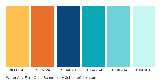 Water and Fruit - Color scheme palette thumbnail - #fec04f #e86f2a #0d467d #0ba7b4 #6dd2da #C6F6F3 