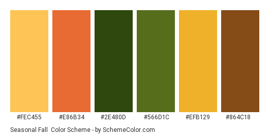 Seasonal Fall - Color scheme palette thumbnail - #fec455 #e86b34 #2e480d #566d1c #efb129 #864c18 