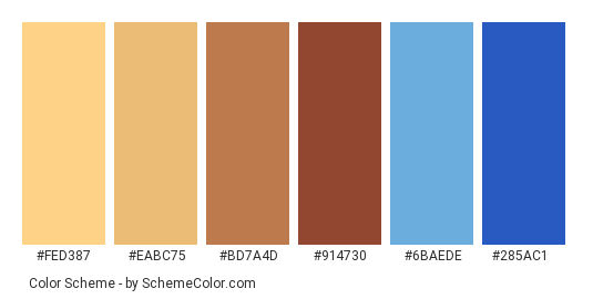 Deserted - Color scheme palette thumbnail - #fed387 #eabc75 #bd7a4d #914730 #6baede #285ac1 