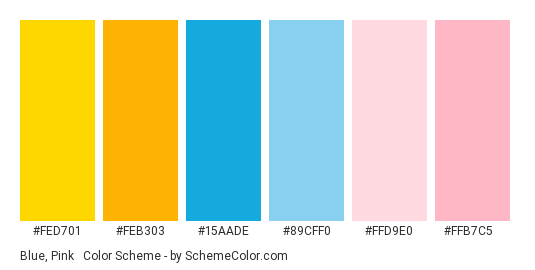 Blue, Pink & Gold - Color scheme palette thumbnail - #fed701 #feb303 #15AADE #89CFF0 #FFD9E0 #FFB7C5 
