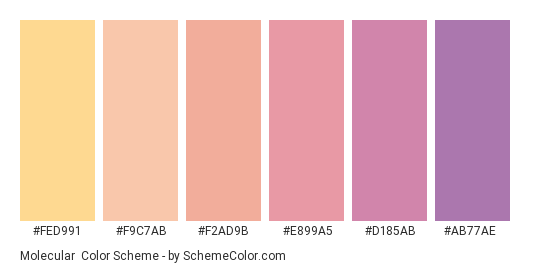 Molecular - Color scheme palette thumbnail - #fed991 #f9c7ab #f2ad9b #e899a5 #d185ab #ab77ae 
