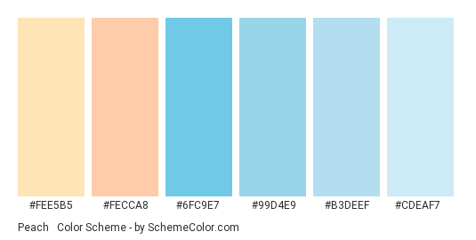 Peach & Light Blue - Color scheme palette thumbnail - #fee5b5 #fecca8 #6fc9e7 #99d4e9 #b3deef #cdeaf7 