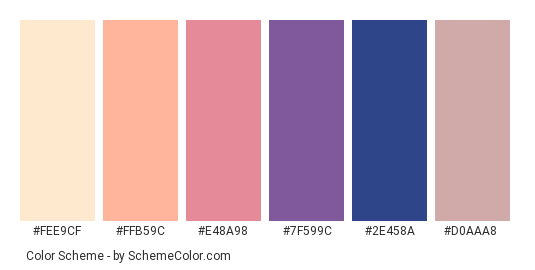 Sunset and the City - Color scheme palette thumbnail - #fee9cf #ffb59c #e48a98 #7f599c #2e458a #d0aaa8 