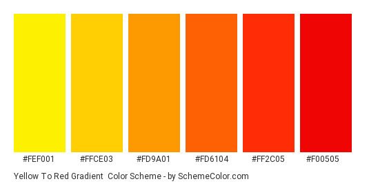 Yellow to Red Gradient - Color scheme palette thumbnail - #fef001 #ffce03 #fd9a01 #fd6104 #ff2c05 #f00505 