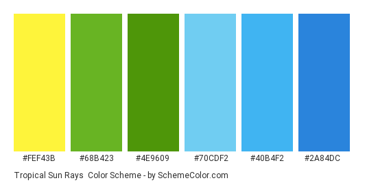 Tropical Sun Rays - Color scheme palette thumbnail - #fef43b #68b423 #4e9609 #70cdf2 #40b4f2 #2a84dc 