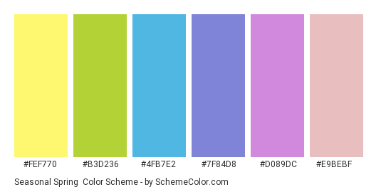 Seasonal Spring - Color scheme palette thumbnail - #fef770 #b3d236 #4fb7e2 #7f84d8 #d089dc #e9bebf 
