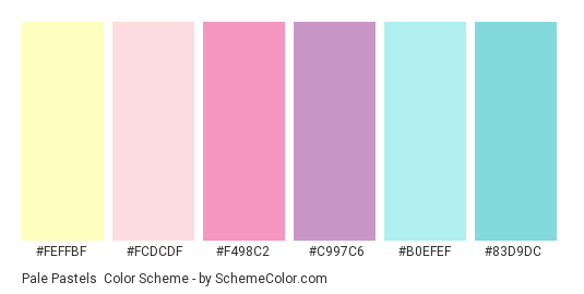 Pale Pastels - Color scheme palette thumbnail - #feffbf #fcdcdf #f498c2 #c997c6 #b0efef #83d9dc 