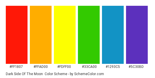 Dark Side of the Moon - Color scheme palette thumbnail - #ff1807 #ffad00 #fdff00 #33ca00 #1293c5 #5c30bd 