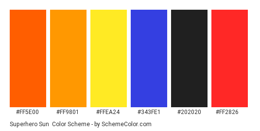 Superhero Sun - Color scheme palette thumbnail - #ff5e00 #ff9801 #ffea24 #343fe1 #202020 #ff2826 