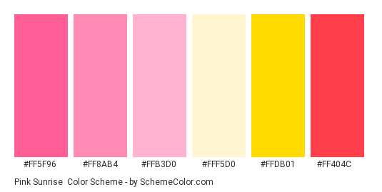 Pink Sunrise - Color scheme palette thumbnail - #ff5f96 #ff8ab4 #ffb3d0 #fff5d0 #ffdb01 #ff404c 