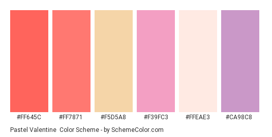 Pastel Valentine - Color scheme palette thumbnail - #ff645c #ff7871 #f5d5a8 #f39fc3 #ffeae3 #ca98c8 
