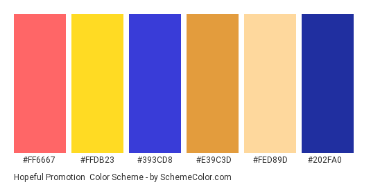 Hopeful Promotion - Color scheme palette thumbnail - #ff6667 #ffdb23 #393cd8 #e39c3d #fed89d #202fa0 