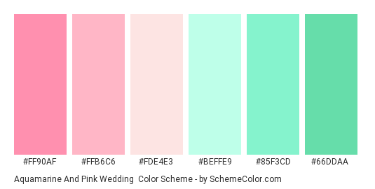 Aquamarine and Pink Wedding - Color scheme palette thumbnail - #ff90af #ffb6c6 #fde4e3 #beffe9 #85f3cd #66ddaa 