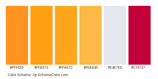 Retro Yellow Car - Color scheme palette thumbnail - #ff9420 #ffa013 #ffa61c #feb845 #e4e7ee #c10137 
