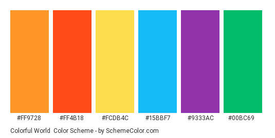 Colorful World - Color scheme palette thumbnail - #ff9728 #ff4b18 #fcdb4c #15bbf7 #9333ac #00bc69 