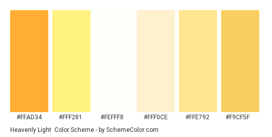 Heavenly Light - Color scheme palette thumbnail - #ffad34 #fff281 #fefff8 #fff0ce #ffe792 #f9cf5f 
