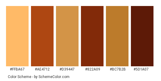 Tree Rings - Color scheme palette thumbnail - #ffba67 #ae4712 #d39447 #822a09 #bc7b2b #5d1a07 