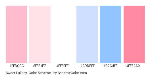 Sweet Lullaby - Color scheme palette thumbnail - #ffbccc #ffe1e7 #ffffff #cddeff #92c4ff #ff89a0 