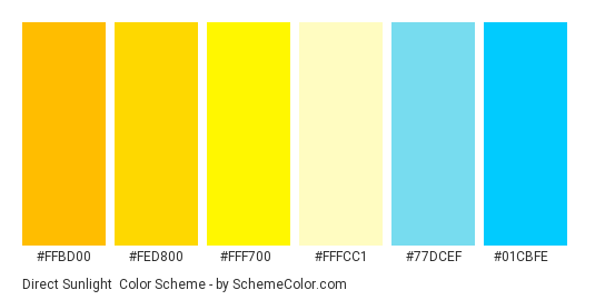 Direct Sunlight - Color scheme palette thumbnail - #ffbd00 #fed800 #fff700 #fffcc1 #77dcef #01cbfe 