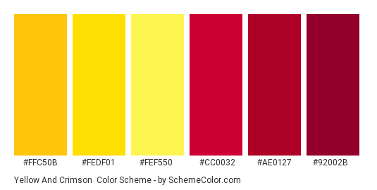 Yellow and Crimson - Color scheme palette thumbnail - #ffc50b #fedf01 #fef550 #cc0032 #ae0127 #92002b 