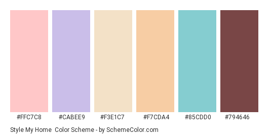 Style My Home - Color scheme palette thumbnail - #ffc7c8 #cabee9 #f3e1c7 #f7cda4 #85cdd0 #794646 