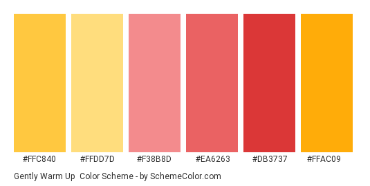 Gently Warm Up - Color scheme palette thumbnail - #ffc840 #ffdd7d #f38b8d #ea6263 #db3737 #ffac09 