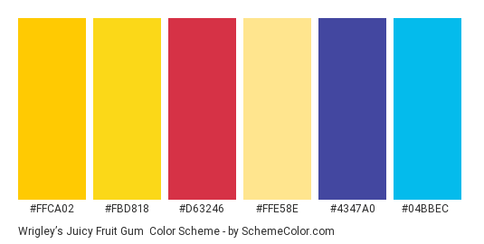 Wrigley’s Juicy Fruit Gum - Color scheme palette thumbnail - #ffca02 #fbd818 #d63246 #ffe58e #4347a0 #04bbec 