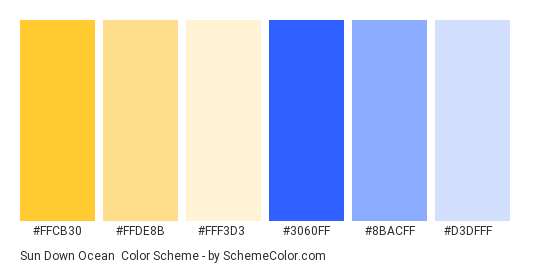Sun Down Ocean - Color scheme palette thumbnail - #ffcb30 #ffde8b #fff3d3 #3060ff #8bacff #d3dfff 