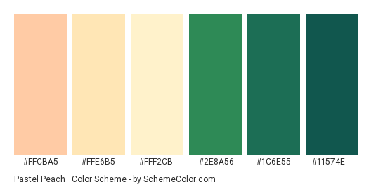 Pastel Peach & Green - Color scheme palette thumbnail - #ffcba5 #ffe6b5 #fff2cb #2e8a56 #1c6e55 #11574e 