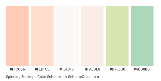Spinning Feelings - Color scheme palette thumbnail - #ffccb6 #fedfce #fbf8f8 #faede8 #d7e6b0 #abd8bb 