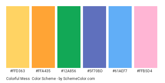 Colorful Mess - Color scheme palette thumbnail - #ffd363 #ffa435 #12a856 #5f70bd #61aef7 #ffb5d4 