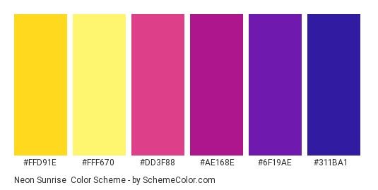Neon Sunrise - Color scheme palette thumbnail - #ffd91e #fff670 #dd3f88 #ae168e #6f19ae #311ba1 