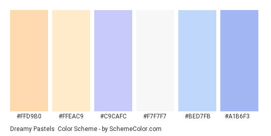 Dreamy Pastels - Color scheme palette thumbnail - #ffd9b0 #ffeac9 #c9cafc #f7f7f7 #bed7fb #a1b6f3 