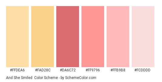 And She Smiled - Color scheme palette thumbnail - #ffdea6 #fad28c #da6c72 #ff9796 #ffb9b8 #fcdddd 