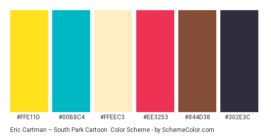 Eric Cartman – South Park Cartoon - Color scheme palette thumbnail - #ffe11d #00b8c4 #ffeec3 #ee3253 #844d38 #302e3c 