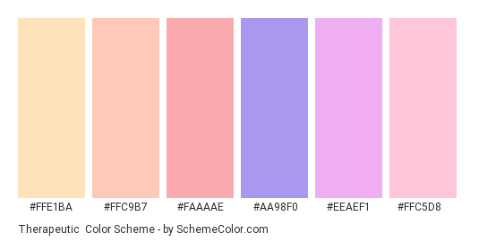 Therapeutic - Color scheme palette thumbnail - #ffe1ba #ffc9b7 #faaaae #aa98f0 #eeaef1 #ffc5d8 