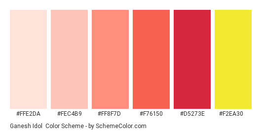 Ganesh Idol - Color scheme palette thumbnail - #ffe2da #fec4b9 #ff8f7d #f76150 #d5273e #f2ea30 