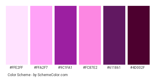 Allium, Giant flower - Color scheme palette thumbnail - #ffe2ff #ffa2f7 #9c1fa1 #fc87e2 #611861 #4d002f 