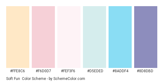 Soft Fun - Color scheme palette thumbnail - #ffe8c6 #f6d0d7 #fef3f6 #d5eded #8addf4 #8d8dbd 