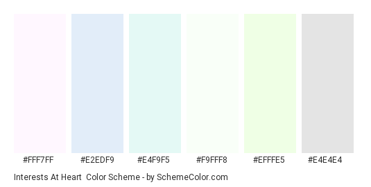 Interests at Heart - Color scheme palette thumbnail - #fff7ff #e2edf9 #e4f9f5 #f9fff8 #efffe5 #e4e4e4 